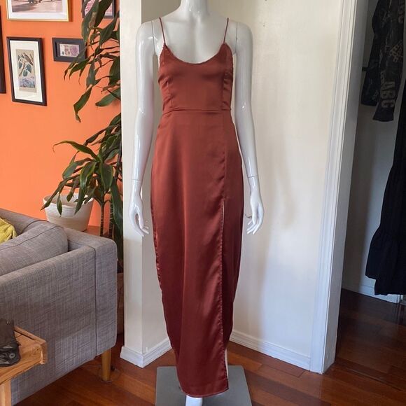 Steele Copper Tie Back Cut Out Slip Maxi Dress with Thigh Split Size Small - Picture 2 of 13
